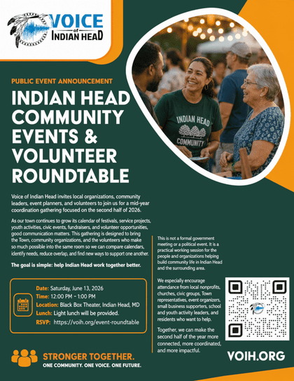 Preview of the Indian Head Community Events and Volunteer Roundtable flyer